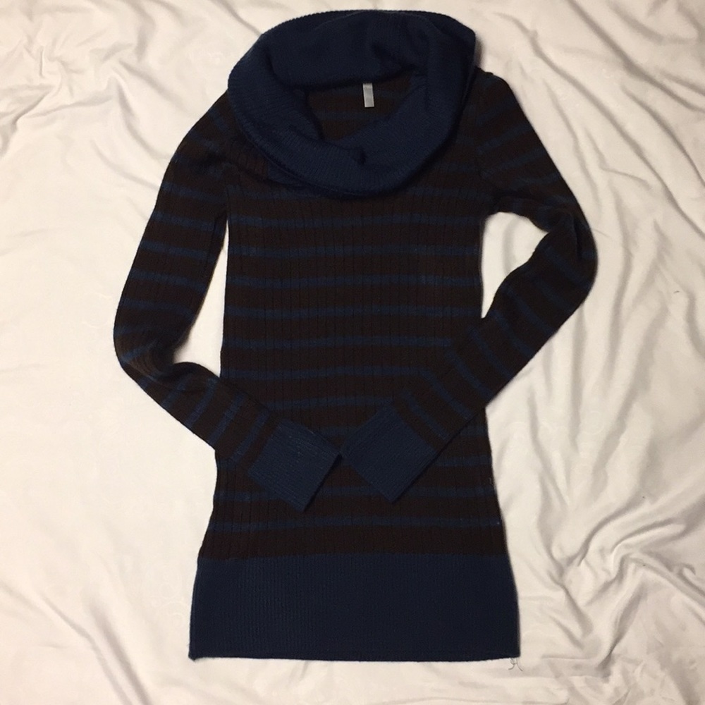 Long brown and real cowl neck sweater